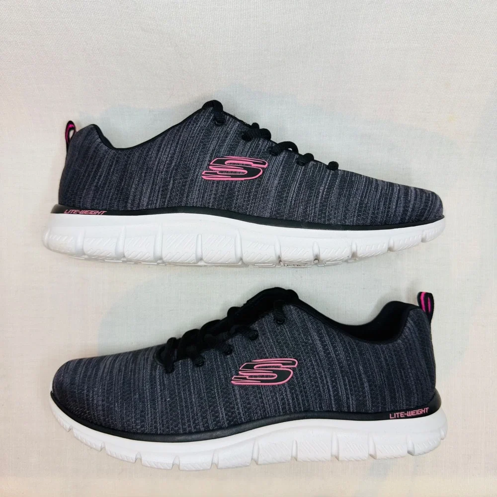 Skechers Lite-Weight Memory Foam Sneakers Charcoal Pink Grey Athletic Shoes